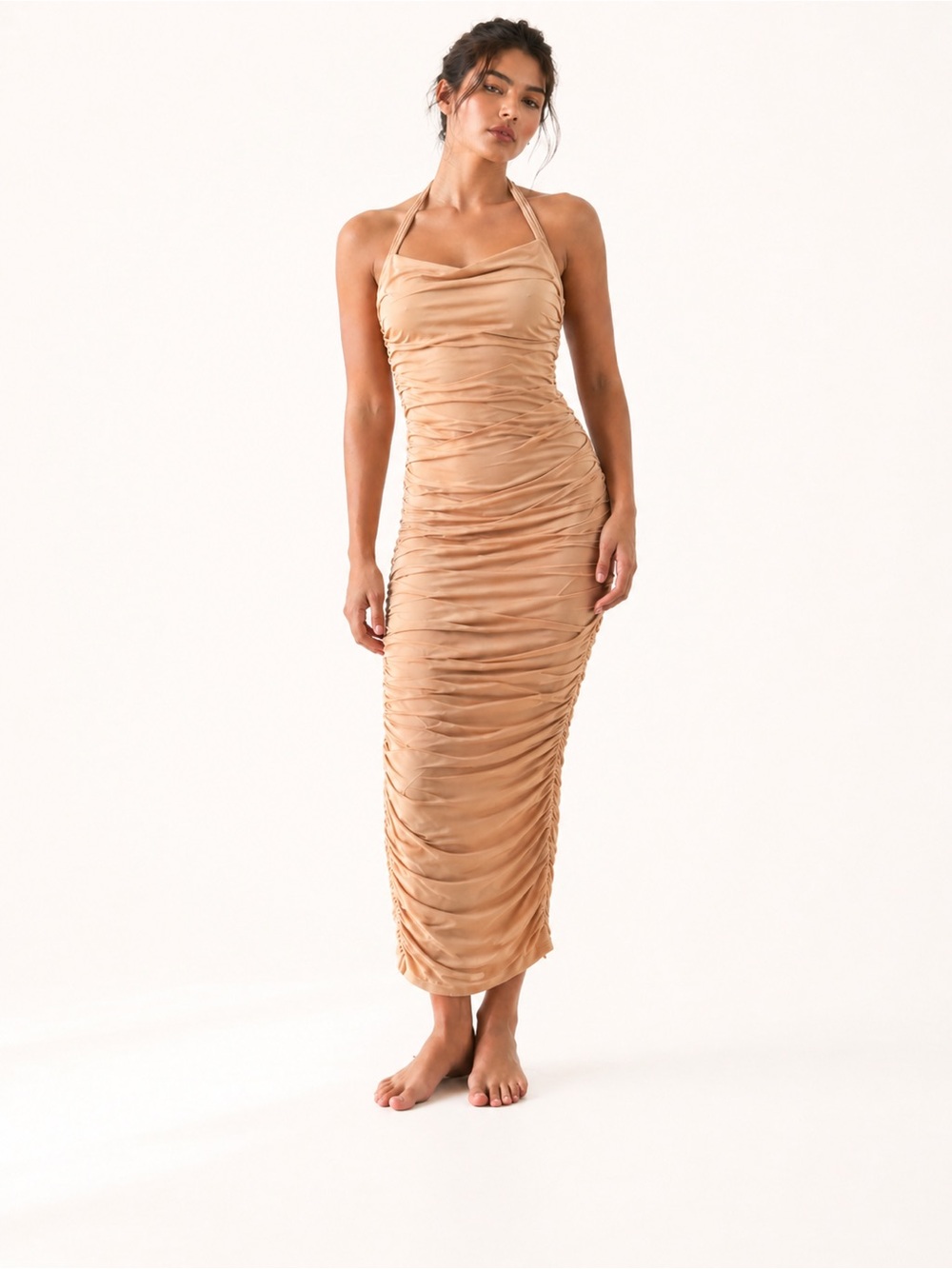 Oh Polly Size 6 Honey Beige Ruched Halter Maxi Dress NWT